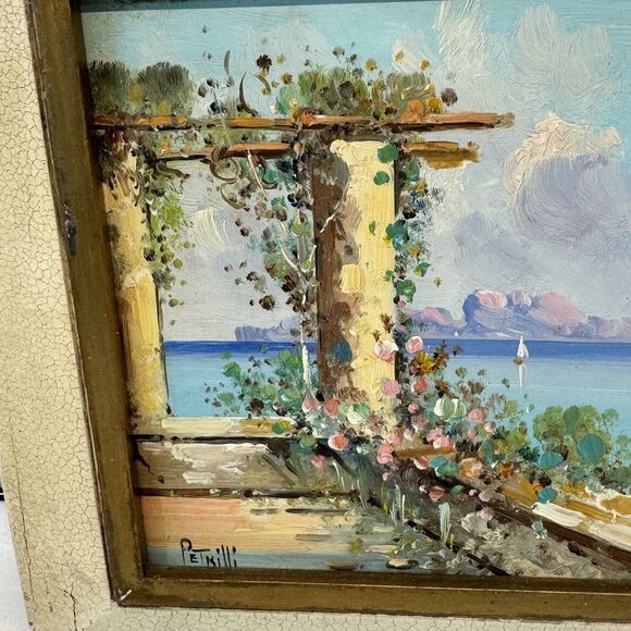 Vintage Enzo Petrilli 6″ Oil Painting on Tile – Italian Seaside Café (Framed) - Picture 12 of 16